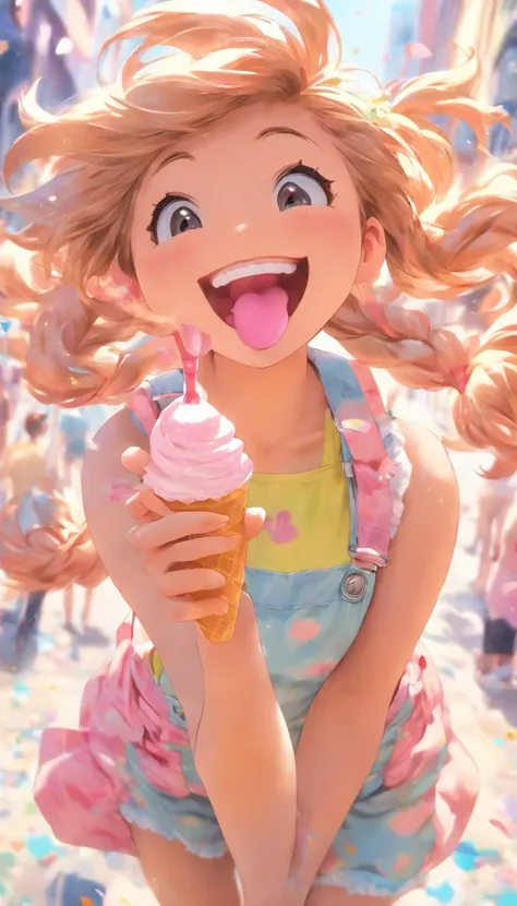 Masterpiece,Best quality, 1girll,Solo,haru urara,overalls,Integral shorts,flower shaped pupils,Loli,Pink shirt,holding ice cream,(horse tails:0.6),Smile,Open mouth,Cloudy,