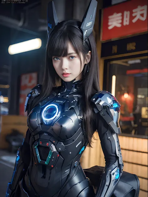 （Fight against mechanical robot soldiers）、top-quality、​masterpiece、超A high resolution、(sexypose),（Wearing a futuristic sun visor）、(Photorealsitic:1.4)、Raw photo、女の子1人、Black hair、glowy skin、((1 Mechanical Girl))、((super realistic details))、portlate、（Small L...