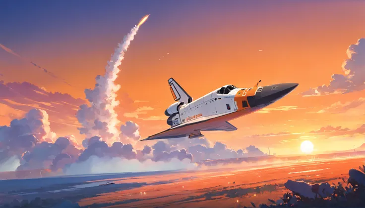 a smoking orange white space shuttle landing on a planet at sunset near a tavern