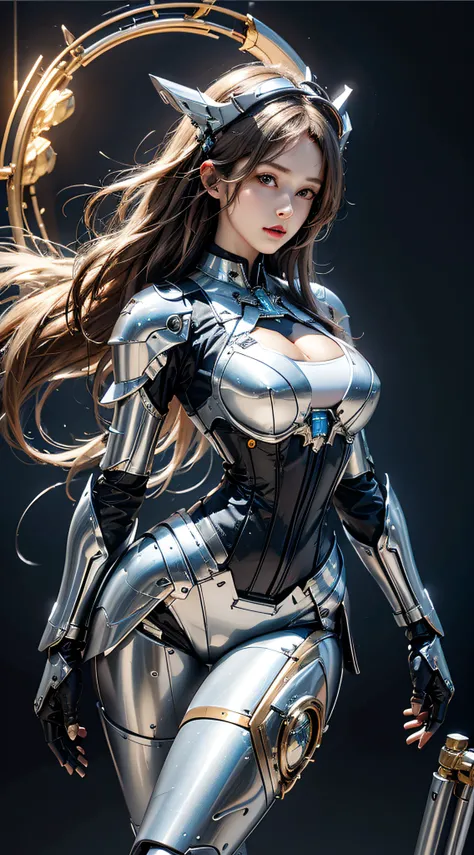 photorealistic, high resolution, 1women, mature female, solo, hips up, robot, mecha musume,mechanical parts, robot joints,single mechanical arm, headgear, mechanical halo,star halo,intricate mechanical bodysuit, mecha corset, full armor, white mecha body