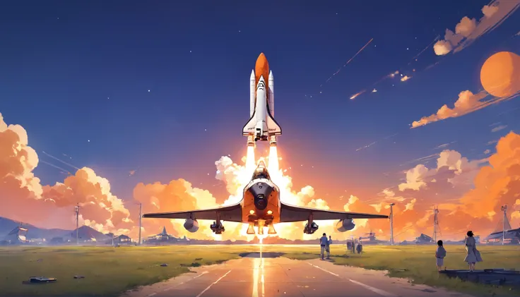 a smoking orange white space shuttle landing on a planet at sunset near a tavern