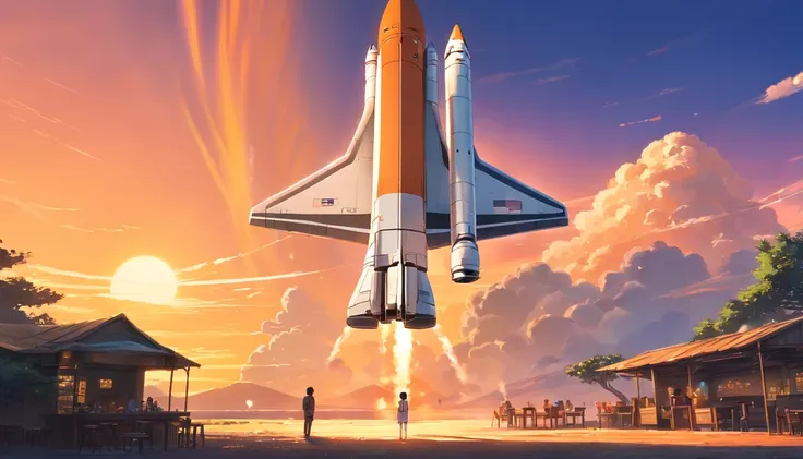 a smoking orange white space shuttle landing on a planet at sunset near a tavern