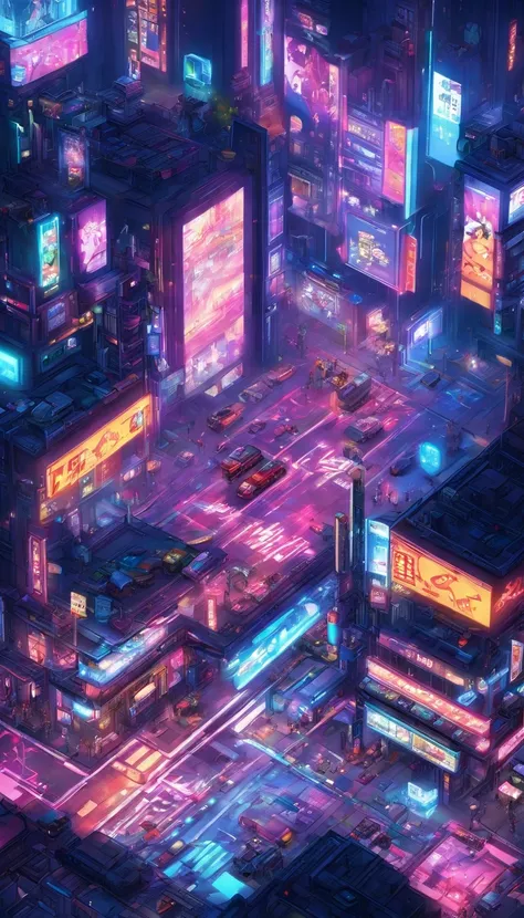 ((Top view: 1.3, Cyberpunk: 1.2, street: 1.1), 2D game style, Pixel art style, Transparency, Powerful colors, Advertising lights, Roads and cars are lively, Unique charm! )