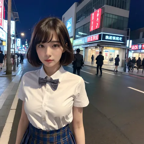 (8k, RAW photo, best quality, masterpiece:1.2), (realistic, photo-realistic:1.37), ultra-detailed, 1 girl,cute, solo,beautiful detailed sky,detailed tokyo street,night, medium breasts,beautiful detailed eyes,(collared shirt:1.1), bowtie,pleated skirt,(shor...