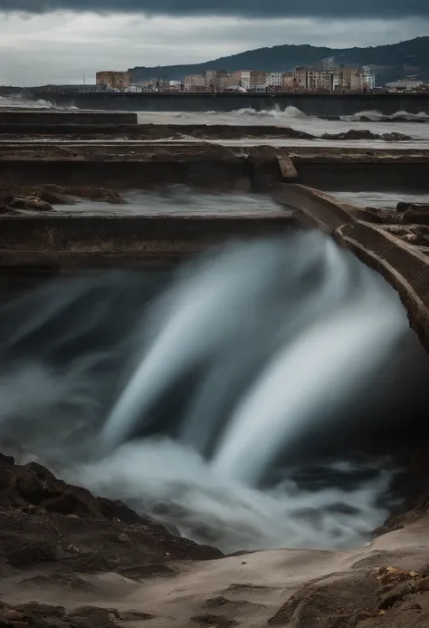 Underground water pipes，Industrial pollution，Discharge of sewage，Water tornadoes，tidal waves，tornado，typhoon，swell sea，Armageddon，Greatwave，废墟，disrupt，，lakes，High water level，Bottomless，The run-down city creates a cinematic apocalyptic cityscape