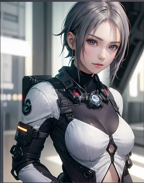 (8K, Photorealistic, Raw photo, of the highest quality: 1.3), (1girl in), Super beautiful, (Realistic face), (boyish, Silver Color Berry Shorthair), Beautiful cyberpunk suit, Glare that captivates the viewer, Beautiful expression, Beautiful breasts, (Reali...