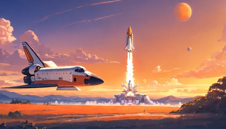 a smoking orange white space shuttle landing on a planet at sunset near a tavern