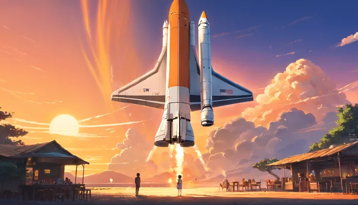 a smoking orange white space shuttle landing on a planet at sunset near a tavern