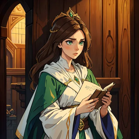 A beautiful sexy woman with green eyes and brown hair is a sorceress Wizard dressed in white and gold robes Noble robes A princess of magic and a sad look. A background with a dramatic wooden wall An art for an RPG A medieval art for an RPG (obra prima) ((...