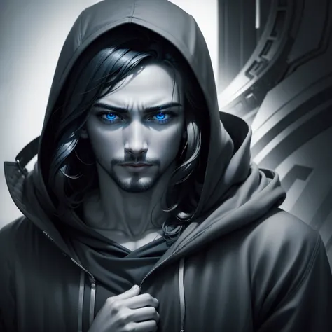 A man holding cardano, blue eyes, cinematic, monochrome, hoodie