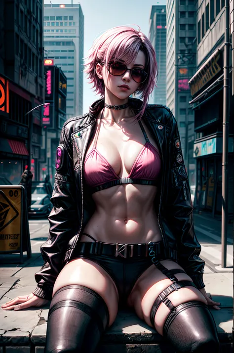 a woman in a pink bikini and black jacket sitting on the street, cyberpunk art style, cyberpunk 2 0 y. o model girl, hyper-realistic cyberpunk style, cyberpunk vibes, cyberpunk style ， hyperrealistic, cyberpunk beautiful girl, cyberpunk art ultrarealistic ...