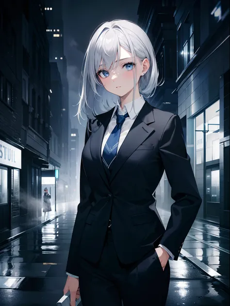 (Masterpiece, Best quality, ultra high resolution),1girl,grey hair, beautiful and detailed face, detailed eyes,dark blue business suit,  on an empty street,concrete buildings ,night,fog,(grey and blue theme)