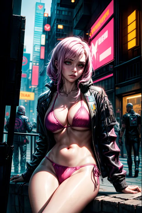 a woman in a pink bikini and black jacket sitting on the street, cyberpunk art style, cyberpunk 2 0 y. o model girl, hyper-realistic cyberpunk style, cyberpunk vibes, cyberpunk style ， hyperrealistic, cyberpunk beautiful girl, cyberpunk art ultrarealistic ...