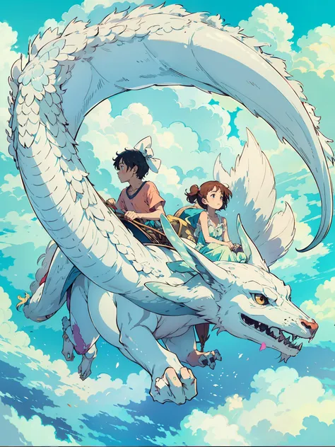 hombre y mujer montados en un dragon blanco volando, surcando el cielo azul lleno de nubes, entorno precioso, recargado de detalles, Real anime costume design, Viaje de Chihiro, Totoro. detallado, colorido, cielo azul.