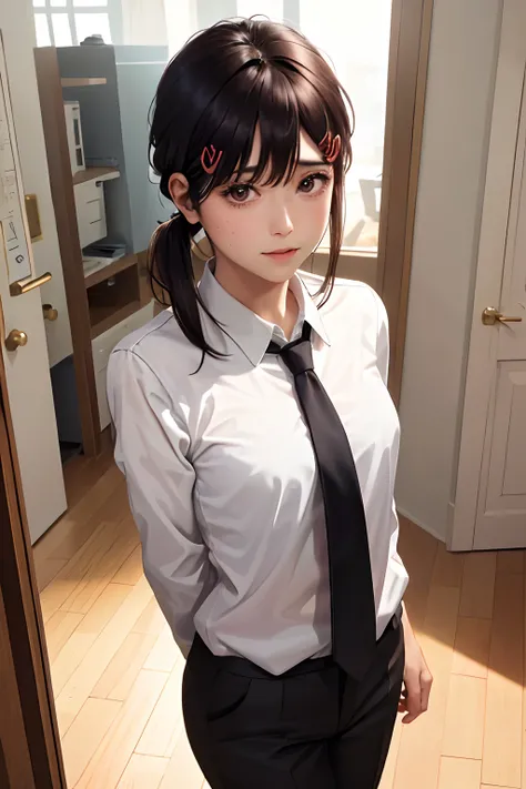 masterpiece, best quality, ultra-detailed, illustration, epic lighting, cinematic composition, isometric, 1girl, solo, cute, brown eyes, black hair, swept bangs, single sidelock, red hairclip, white collared shirt, black necktie, black pants, formal, encha...