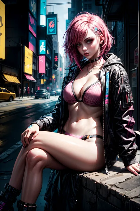 a woman in a pink bikini and black jacket sitting on the street, cyberpunk art style, cyberpunk 2 0 y. o model girl, hyper-realistic cyberpunk style, cyberpunk vibes, cyberpunk style ， hyperrealistic, cyberpunk beautiful girl, cyberpunk art ultrarealistic ...