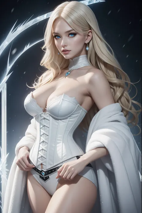 in the style of Artgerm and Adam Hughes, a sexy Winter Witch in the snow dressed in white, a white corset stitched in front, cleavage, sinister, evil, , blonde air, icy blue eyes, Ice and diamonds background, dynamic, ultra high def, 32k,