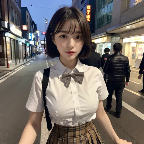 (8k, RAW photo, best quality, masterpiece:1.2), (realistic, photo-realistic:1.37), ultra-detailed, 1 girl,cute, solo,beautiful detailed sky,detailed tokyo street,night, medium breasts,beautiful detailed eyes,(collared shirt:1.1), bowtie,pleated skirt,(shor...