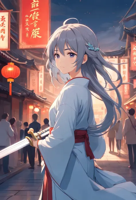 china style，sword holding，Young gray hair，long, flowing hair，white colors