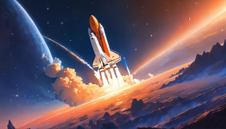 a smoking orange, white space shuttle flying in the deep dark space on an alien planet at sunset, golden hour, mul;tiple moons, shooting stars