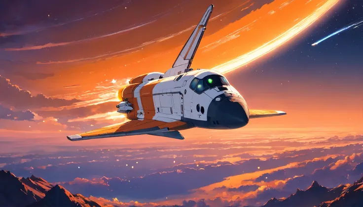 a smoking orange, white space shuttle flying in the deep dark space on an alien planet at sunset, golden hour, mul;tiple moons, shooting stars