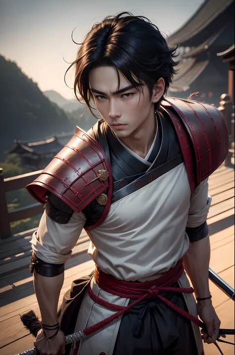 8K,Photorealsitic　Raw photography　top-quality;1.4) 　(One Boy)　Super handsome　(Lifelike face)　Anime-style rendering of historical samurai duels, Features highly detailed characters and landscapes, Atmospheric background, Reminiscent of the works of Hideaki ...