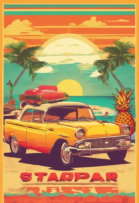 Sunset Beach，Vintage cars，Pineapple beer，MagazineCover，retro poster