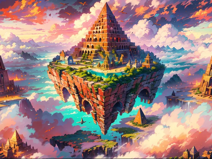 (highres,HDR),vibrant colors,intricate details,dreamy atmosphere,mystical lighting,ethereal beauty,floating desert island,giant pyramid,(flying desert island above the cloud)