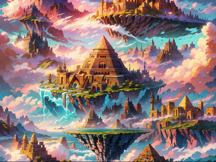 (highres,HDR),vibrant colors,intricate details,dreamy atmosphere,mystical lighting,ethereal beauty,floating desert island,giant pyramid,(flying desert island above the cloud)