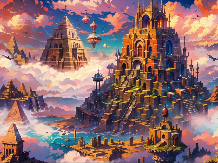 (highres,HDR),vibrant colors,intricate details,dreamy atmosphere,mystical lighting,ethereal beauty,floating desert island,giant pyramid,(flying desert island above the cloud)