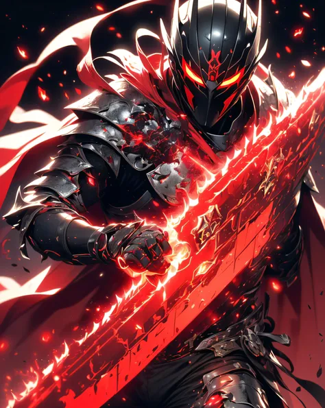 Super Realistic, Hyper Realistic, Super Detailed, (cybersamurai, 1boy, ((solo)), attacking with red sword, wearing black-red armor and mask, cape, glowing beautiful red eyes, glow:1.3) (glowing simple black background:1.25),