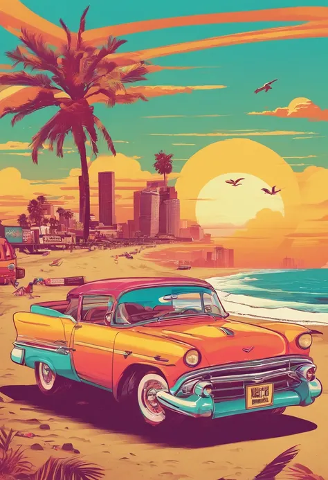 Sunset Beach，Vintage cars，Pineapple beer，MagazineCover，retro poster，West Coast of the United States