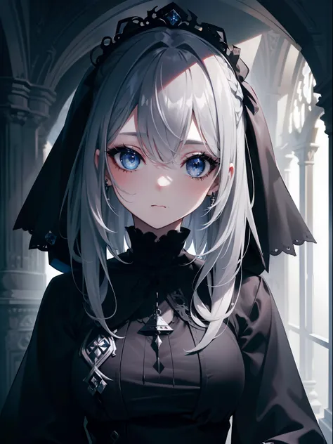 (Masterpiece, Best quality, ultra high resolution),1girl,grey hair,hair over eye,gothic dress, beautiful and detailed face, detailed eyes,in ancient black stone ruin,(grey and blue theme)