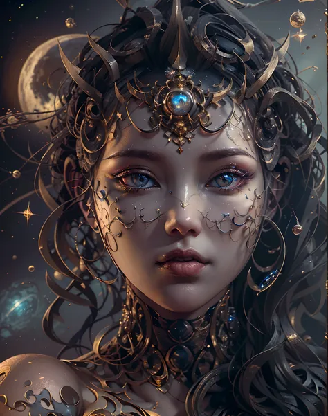 (best quality，ultra - detailed，Most Best Illustration，Best shadow，masterpiece，A high resolution，professional artwork，famous artwork），Eyes focus, Star sparkle particle around, Detailed eyes，beautiful eyes，closeup cleavage，sci-fi，colored sclera，Robot eyes，fa...