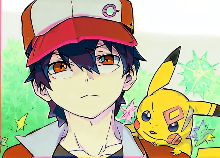 Anime boy with red eyes holding a pikachu in his hand, estilo de anime pokemon, Pikachu como um humano, em estilo anime, illustration pokemon, pokemon trainer, em estilo anime, inspirado em Junpei Satoh, estilo pokemon, Epic anime style, ketchum cinza, fan...