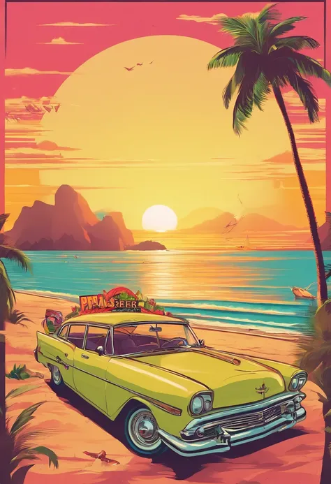 Sunset beach in the background，Vintage cars parked，retro poster，There are retro borders，There is an advertisement for pineapple beer in the picture