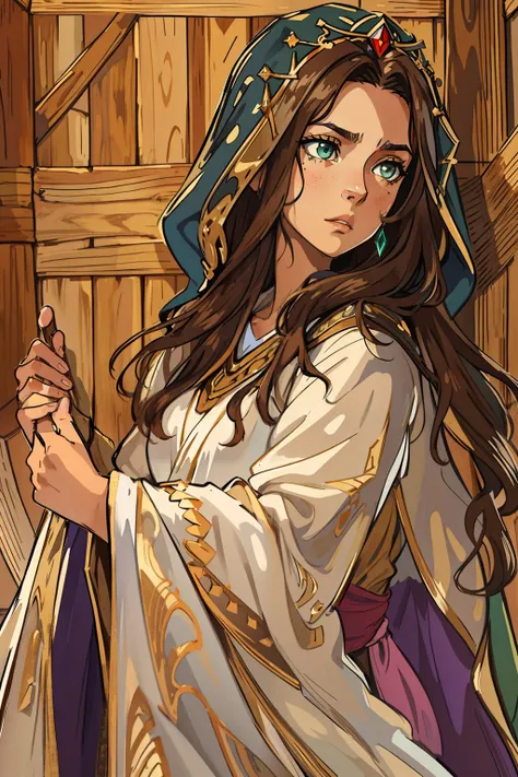 A beautiful sexy woman with green eyes and brown hair is a sorceress Wizard dressed in white and gold robes Noble robes A princess of magic and a sad look. A background with a dramatic wooden wall An art for an RPG A medieval art for an RPG (obra prima) ((...