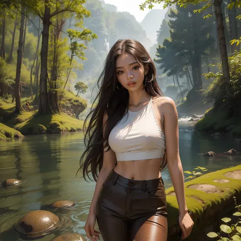 a ((22 years old)) girl, (skinny girl). hot girl, (brown skin), hot face, ((very big lips)), long hair. wearing top and pants. forest background, (water) river. extreme sunshine, hot photography