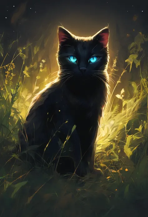 there is a black cat sitting in the grass with a glowing light, magical glowing eyes, beautiful glowing eyes, bright glowing eyes, glowing magical eyes, dream animal cute eyes, sparkling eyes, cute detailed digital art, adorable digital painting, brightly ...