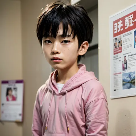 a Japanese boy having a plain expression wearing a pink hoodie with black hair, ultra realistic, high quality, detailed face