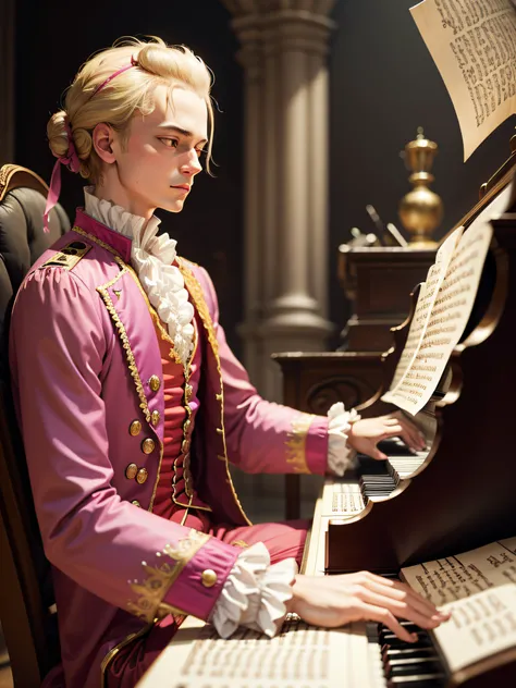 Wolfgang Amadeus Mozart is playing piano