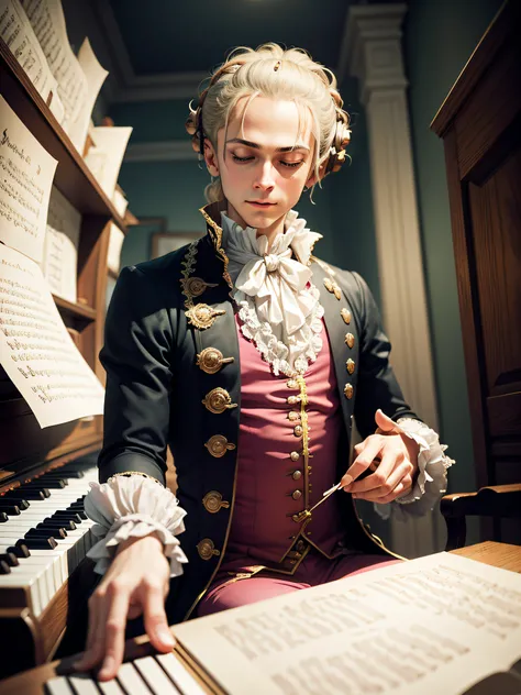 Wolfgang Amadeus Mozart is playing piano