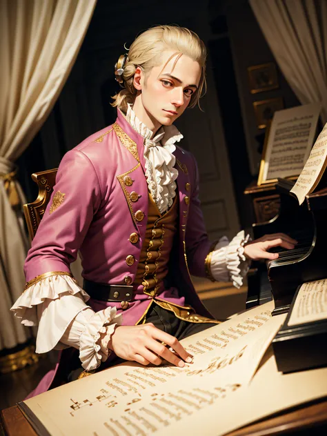 Wolfgang Amadeus Mozart is playing piano