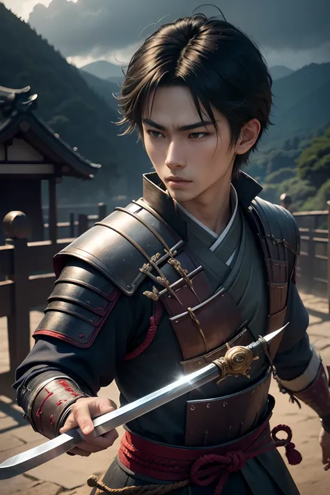 8K,Photorealsitic　Raw photography　top-quality;1.4) 　(One Boy)　Super handsome　(Lifelike face)　Historical samurai duels, Features highly detailed characters and landscapes, Atmospheric background, Reminiscent of the works of Hideaki Kuno and Stanley Ateg Liu...