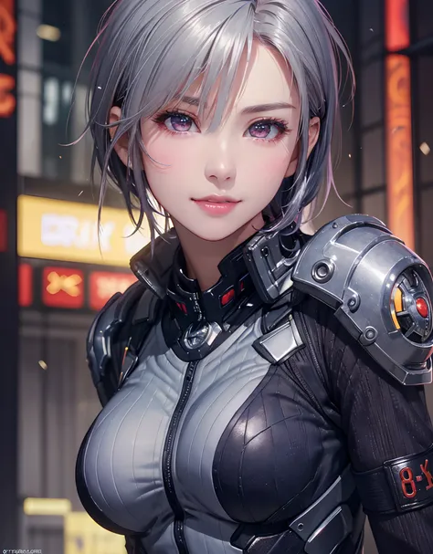 (8k, photorealistic, RAW photo, top quality: 1.4), (1girl), super beautiful, (realistic face), (boyish, silver-colored berry short hair), beautiful cyberpunk suit, glares seducing viewer, beautiful expression, beautiful breasts, (realistic skin), beautiful...