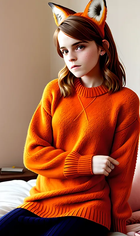 Emma Watson, 24 years old, wearing fox ears, fox tail, orange sweater dress, crouched on a bed