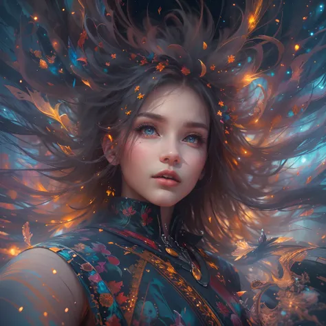 (Masterpiece, Top quality, Best quality, offcial art, Beauty and aesthetics: 1.2), (1 girl), Extreme detail, (Fractal art: 1.3), extremely colorful, suprem details, Perfect face, sportrait, hdr, starrysky, meteors, Light stripes, surrealism.