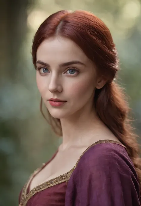 realistic photo, a realistic photo of 30yo medieval woman queen wearing a purple dress, red hair, medieval castle, Warm colors,blue eyes, perfect nose, round face, straight eyebrow, cheek bones (1girl), (extremely detailed CG unity 8k wallpaper), photo of ...