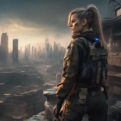 Dystopian future, cityscape, lone female in tactical clothing looks into the distance, filthy, depressing cyberpunk, wide angle