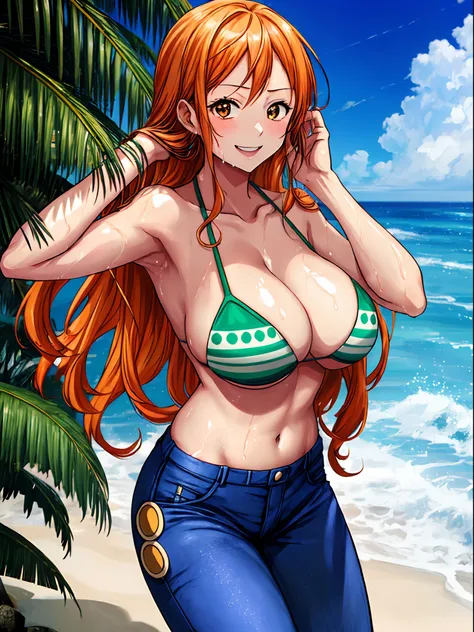 masutepiece,Best Quality,ultra-detailliert,ultra-detailliert,超A high resolution,8K,32,Beautiful,Best aesthetic,Anime girl wiping her hair with a towel、NamiOP, One piece, 1girl in, Looking at Viewer, Solo,Green Bikini, Long jeans, Orange long hair, (String ...